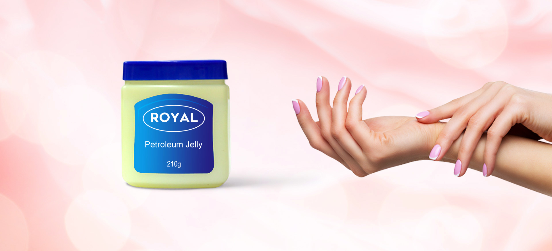 Image of a woman's hand showcasing Royal Petroleum jelly, a popular product from Royal Exports