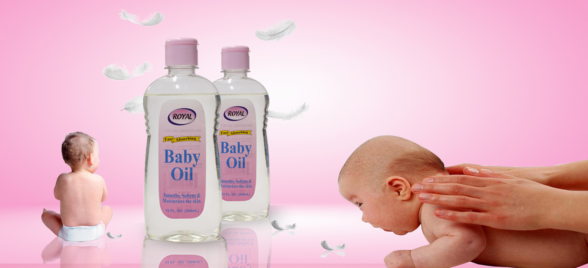 An image featuring a Clear bottle of baby oil from Royal Exports Baby Care Products placed next to a delighted baby, symbolizing tender care and joy