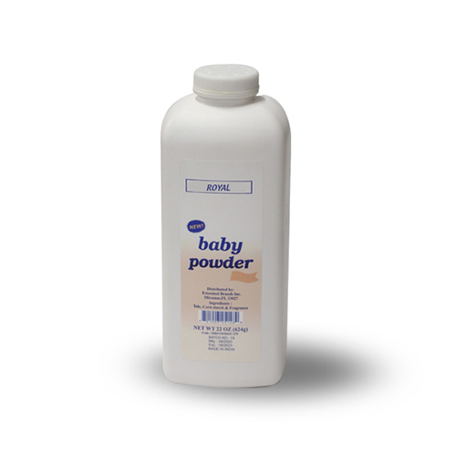 the image shows 2 bottles of Royal Exports baby powder