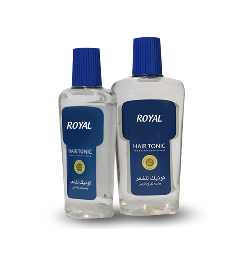The image showcases a bottle of Royal Hair Tonic, a hair care solution manufactured by Royal Exports